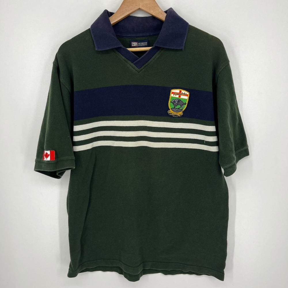 Faded Glory Mens Green Manitoba Canada Crest Striped Short Sleeve Polo Shirt Vtg